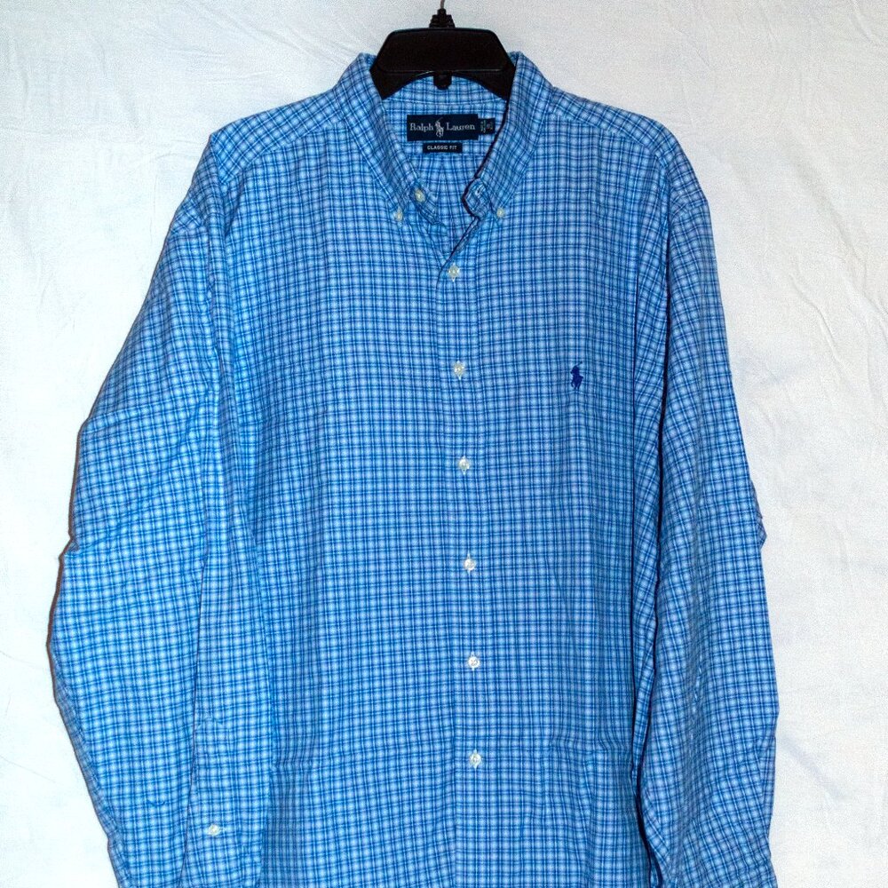 Ralph Lauren Men’s 18 / 36–37 Blue Plaid Classic Fit Button-Down Shirt
